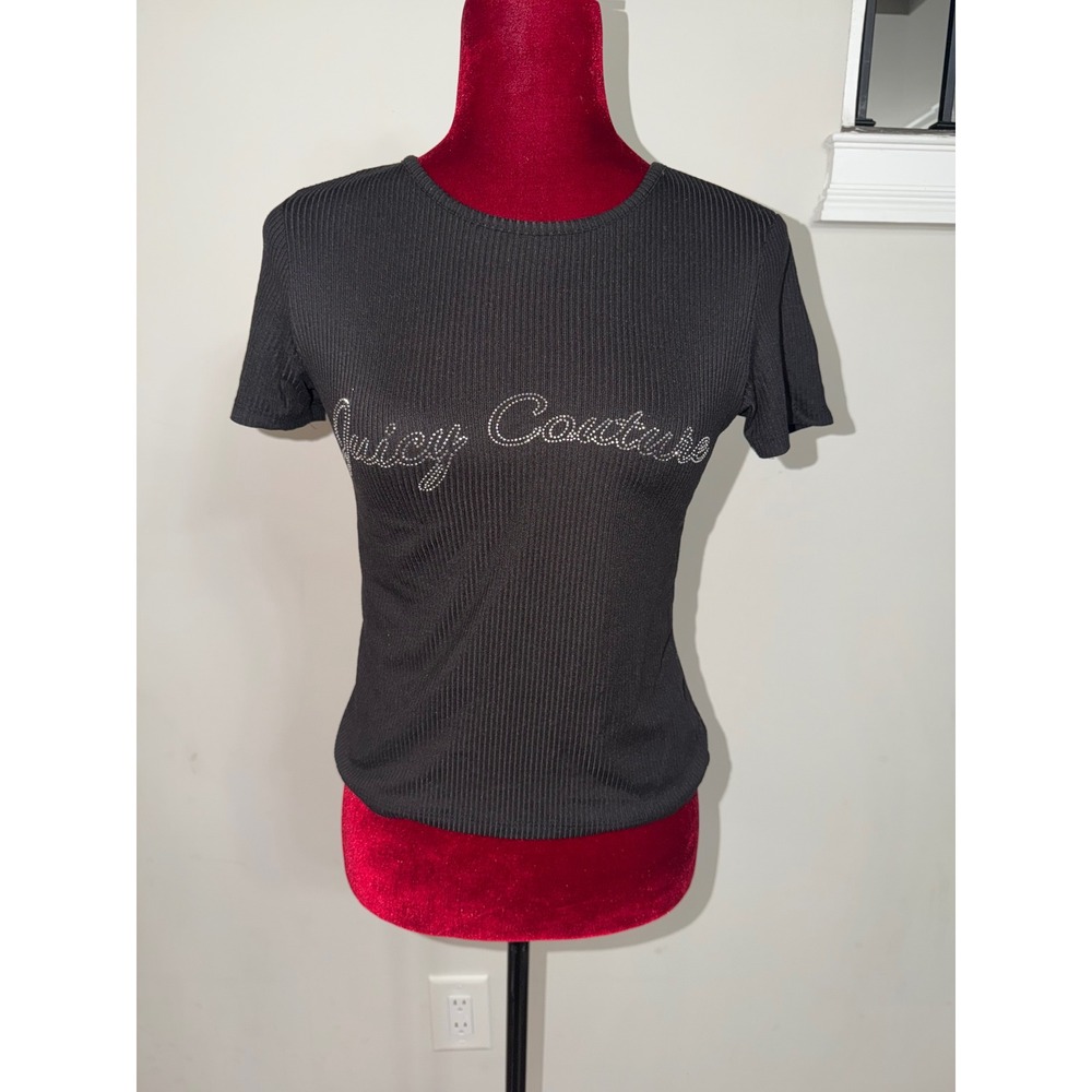 Juicy Couture Black Ribbed Rhinestone Logo Sleepwear Top Short Sleeve Small